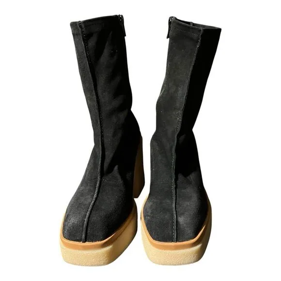 Free People Gigi Ankle Bootie 7 / 37.5 Black Suede Leather Square Toe Platform