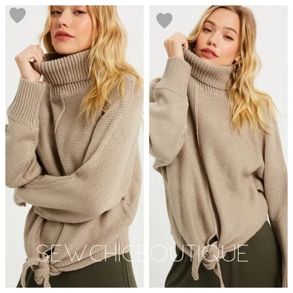 Front Tie Turtleneck Sweater in Stone