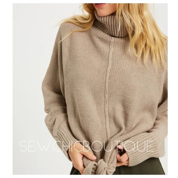 Front Tie Turtleneck Sweater in Stone