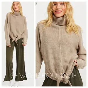 Front Tie Turtleneck Sweater in Stone