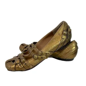Frye ANNA Gold Metallic Leather Crackle Strappy Ballet Slipper Flats, Size 7.5