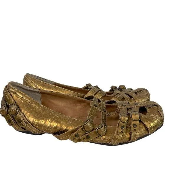 Frye ANNA Gold Metallic Leather Crackle Strappy Ballet Slipper Flats, Size 7.5