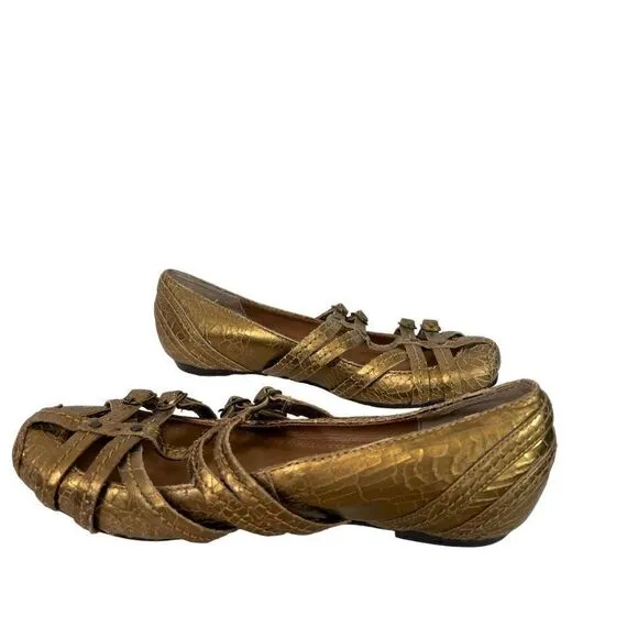 Frye ANNA Gold Metallic Leather Crackle Strappy Ballet Slipper Flats, Size 7.5