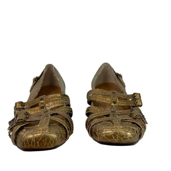 Frye ANNA Gold Metallic Leather Crackle Strappy Ballet Slipper Flats, Size 7.5