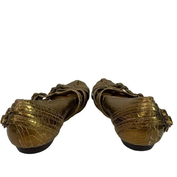 Frye ANNA Gold Metallic Leather Crackle Strappy Ballet Slipper Flats, Size 7.5