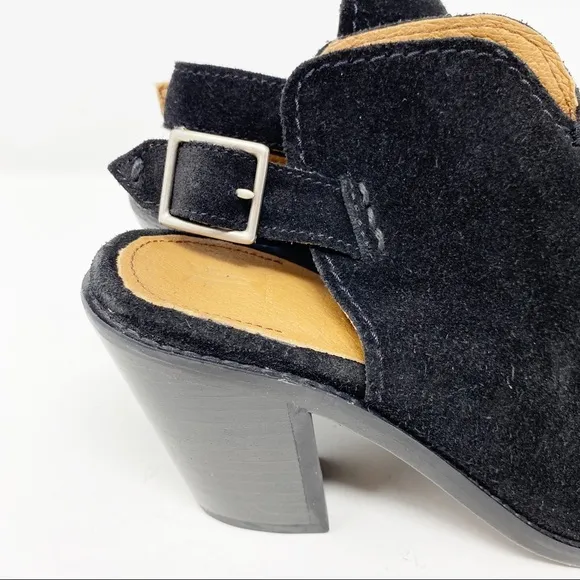 Frye Black Suede Courtney Sling Block Heel Sandals