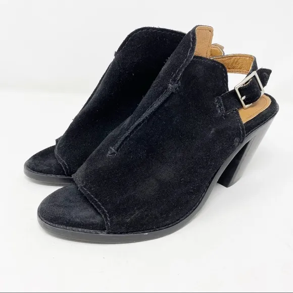 Frye Black Suede Courtney Sling Block Heel Sandals