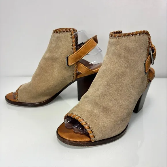 Frye Dani Shield Beige Whipstitch Peep Toe Sling Back Heeled Sandals Size 7.5