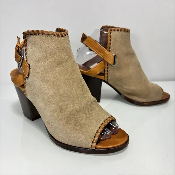 Frye Dani Shield Beige Whipstitch Peep Toe Sling Back Heeled Sandals Size 7.5