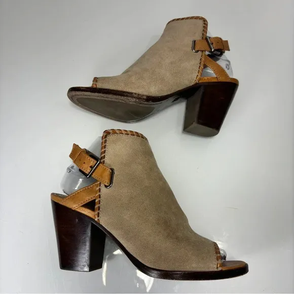 Frye Dani Shield Beige Whipstitch Peep Toe Sling Back Heeled Sandals Size 7.5