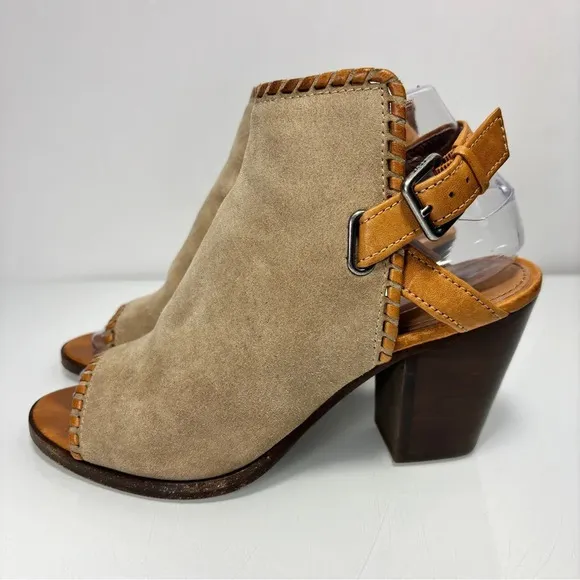 Frye Dani Shield Beige Whipstitch Peep Toe Sling Back Heeled Sandals Size 7.5