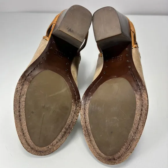 Frye Dani Shield Beige Whipstitch Peep Toe Sling Back Heeled Sandals Size 7.5