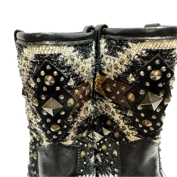 Frye Jayden Navajo Black Leather and Mixed Media &amp; Studs Mid Calf Height Boots