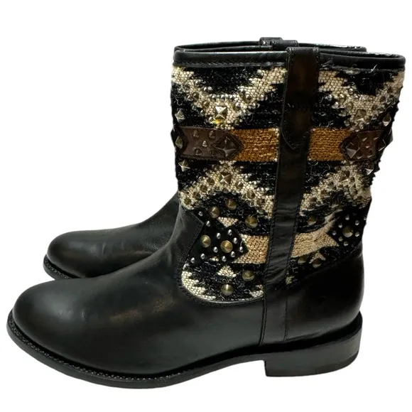Frye Jayden Navajo Black Leather and Mixed Media &amp; Studs Mid Calf Height Boots