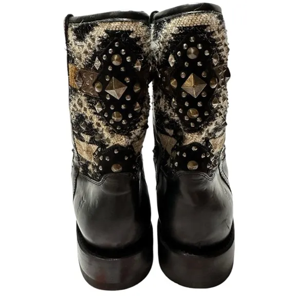 Frye Jayden Navajo Black Leather and Mixed Media &amp; Studs Mid Calf Height Boots