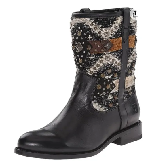 Frye Jayden Navajo Black Leather and Mixed Media &amp; Studs Mid Calf Height Boots