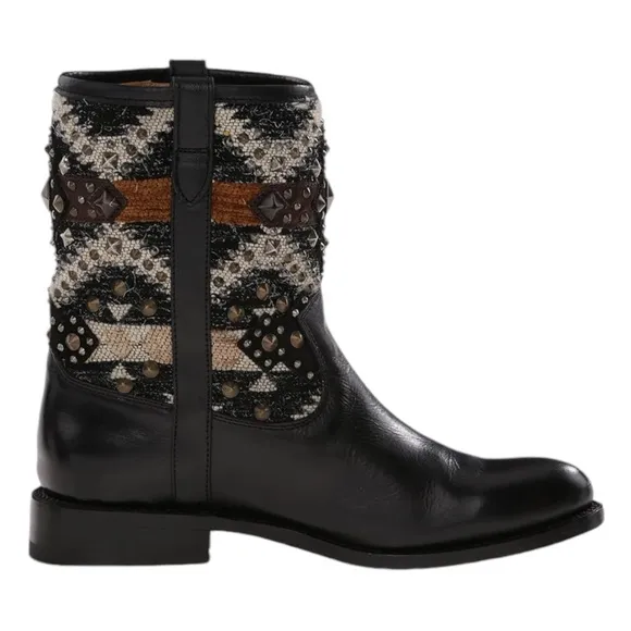 Frye Jayden Navajo Black Leather and Mixed Media &amp; Studs Mid Calf Height Boots