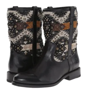 Frye Jayden Navajo Black Leather and Mixed Media &amp; Studs Mid Calf Height Boots