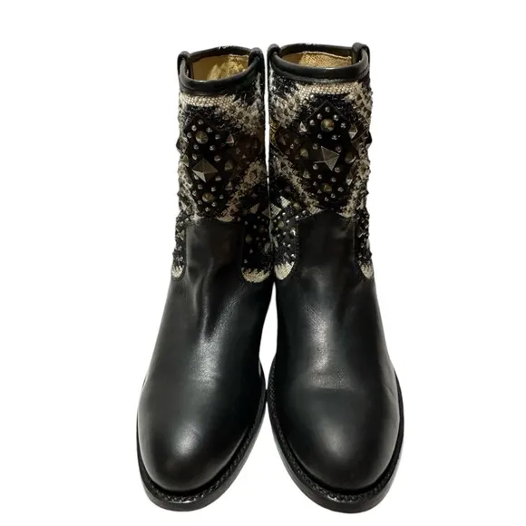 Frye Jayden Navajo Black Leather and Mixed Media &amp; Studs Mid Calf Height Boots