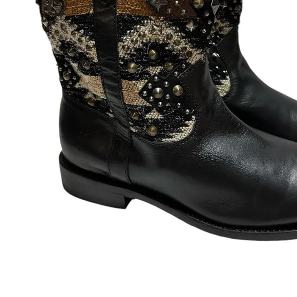Frye Jayden Navajo Black Leather and Mixed Media &amp; Studs Mid Calf Height Boots