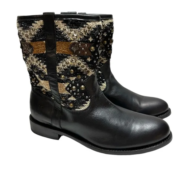Frye Jayden Navajo Black Leather and Mixed Media &amp; Studs Mid Calf Height Boots