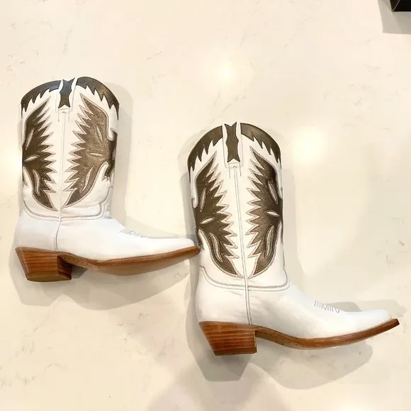 Frye : Leather Cowboy Boots Mid Calf Height : White &amp; Taupe : Leather: 7.5