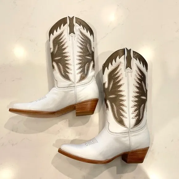 Frye : Leather Cowboy Boots Mid Calf Height : White &amp; Taupe : Leather: 7.5