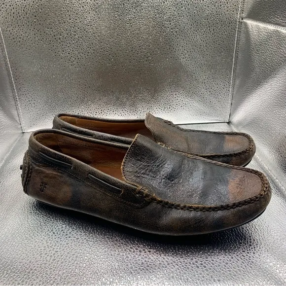 Frye Lewis Venetian Leather Loafers Driving Shoe 9.5D Brown Distressed ClassicF5