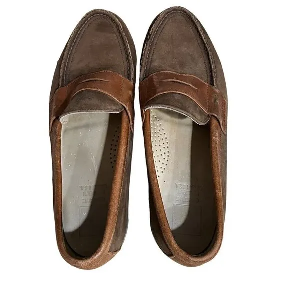 Frye Loafers Mens Size 9M    Two Tone Brown Leather Suede Slip on Driving Shoes