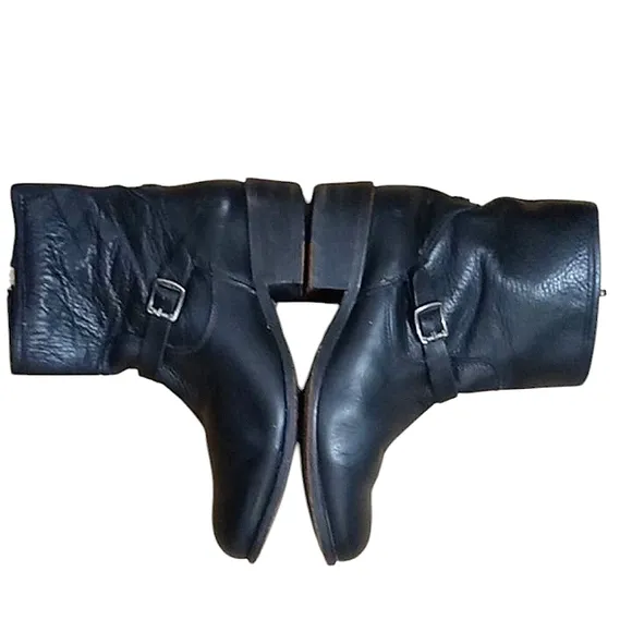 Frye Lynn Strap Short Boots Black Leather Moto Side Zipper Ankle Strap
