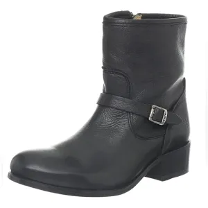 Frye Lynn Strap Short Boots Black Leather Moto Side Zipper Ankle Strap