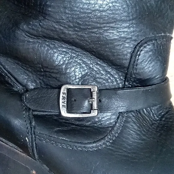 Frye Lynn Strap Short Boots Black Leather Moto Side Zipper Ankle Strap
