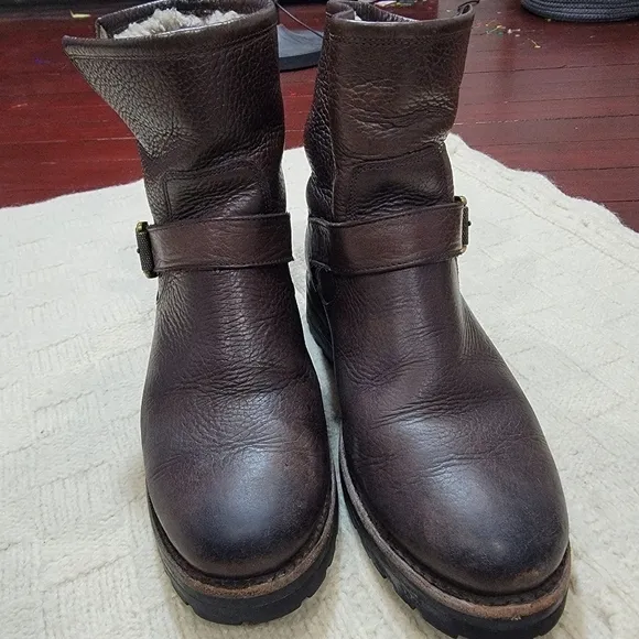 Frye Natalie Leather and Shearling Engineer Boots Buckle Accent size 6.5 Brown