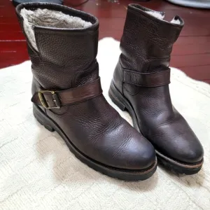 Frye Natalie Leather and Shearling Engineer Boots Buckle Accent size 6.5 Brown