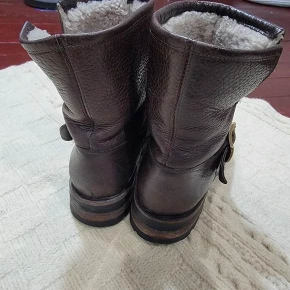 Frye Natalie Leather and Shearling Engineer Boots Buckle Accent size 6.5 Brown