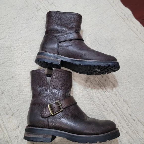 Frye Natalie Leather and Shearling Engineer Boots Buckle Accent size 6.5 Brown