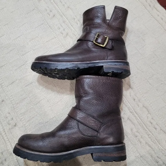 Frye Natalie Leather and Shearling Engineer Boots Buckle Accent size 6.5 Brown