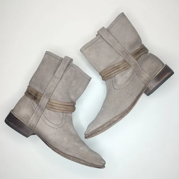 Frye tan gray suede leather ankle boots cord harness pull on western size 9.5