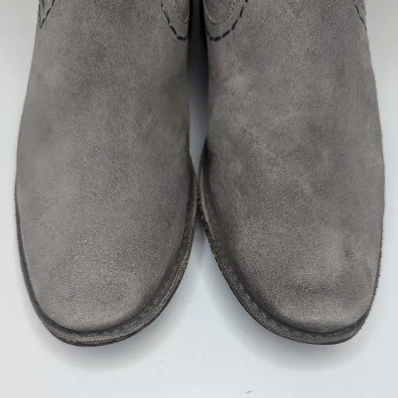 Frye tan gray suede leather ankle boots cord harness pull on western size 9.5