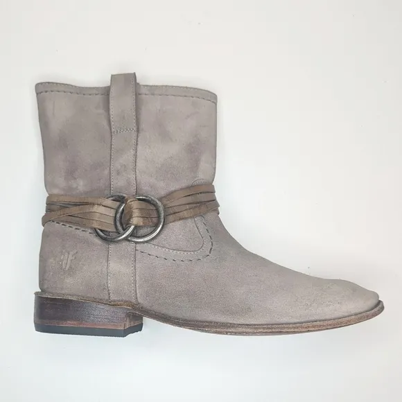 Frye tan gray suede leather ankle boots cord harness pull on western size 9.5
