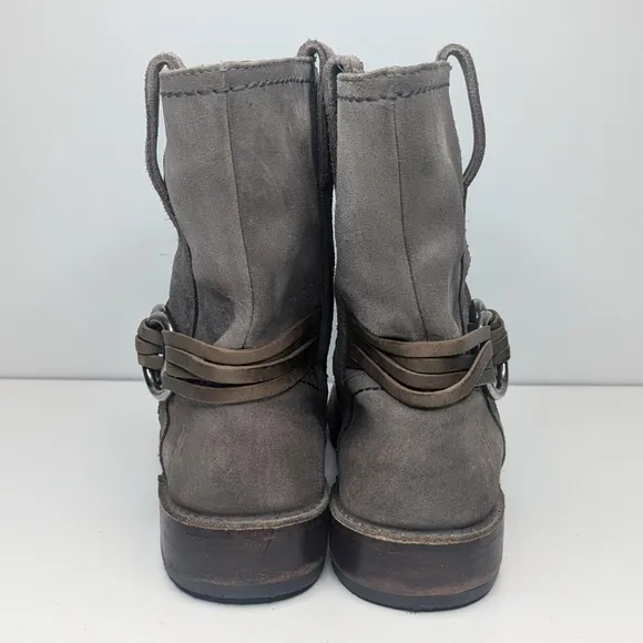 Frye tan gray suede leather ankle boots cord harness pull on western size 9.5