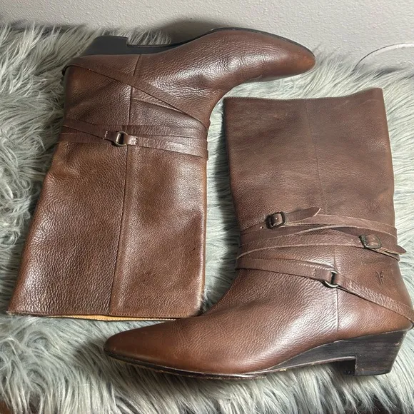 Frye Vintage Rare &quot;Sunny&quot; Multi-strap Mid-Calf Brown Leather Boot Size 11M