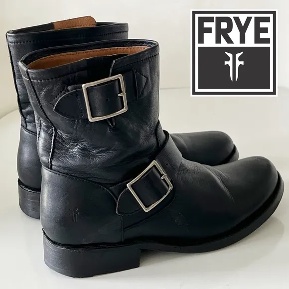 Frye Women Engineer' Black Leather Buckle Moto Ankle Boots Vicky  Size 5.5 B