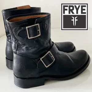 Frye Women Engineer' Black Leather Buckle Moto Ankle Boots Vicky  Size 5.5 B