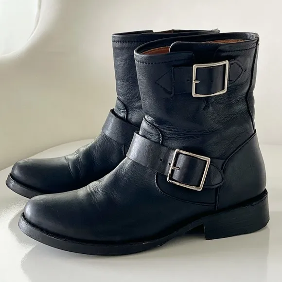 Frye Women Engineer' Black Leather Buckle Moto Ankle Boots Vicky  Size 5.5 B