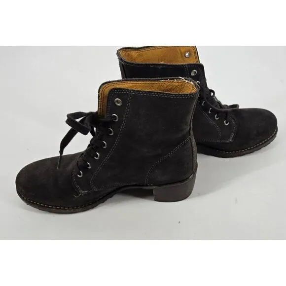 Frye Womens 9M Lace Up Black Suede Round Toe Combat Chunky Boots Sabrina 6G