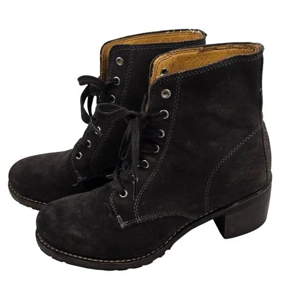Frye Womens 9M Lace Up Black Suede Round Toe Combat Chunky Boots Sabrina 6G