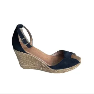 GAIMO Black Suede Peep Toe Wedge Espadrilles Sandals Shoes Black Tan 38