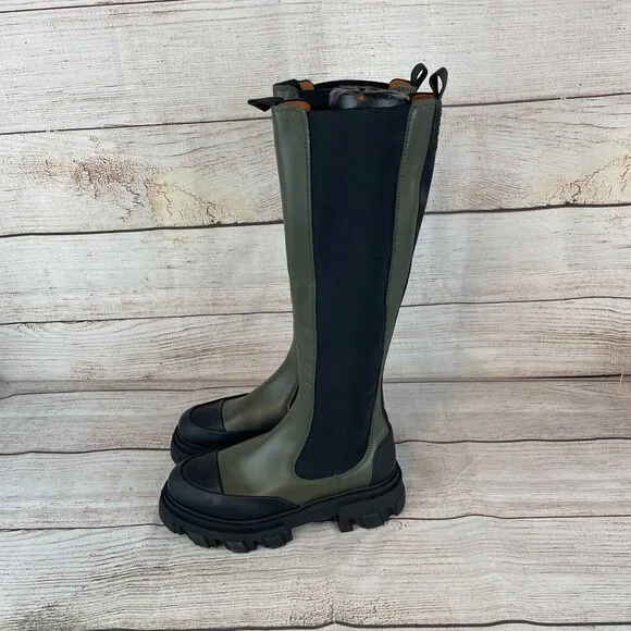 Ganni Knee High Chunky Leather Chelsea Boots Sz 37 (7) Olive Green Black