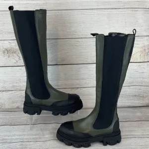Ganni Knee High Chunky Leather Chelsea Boots Sz 37 (7) Olive Green Black